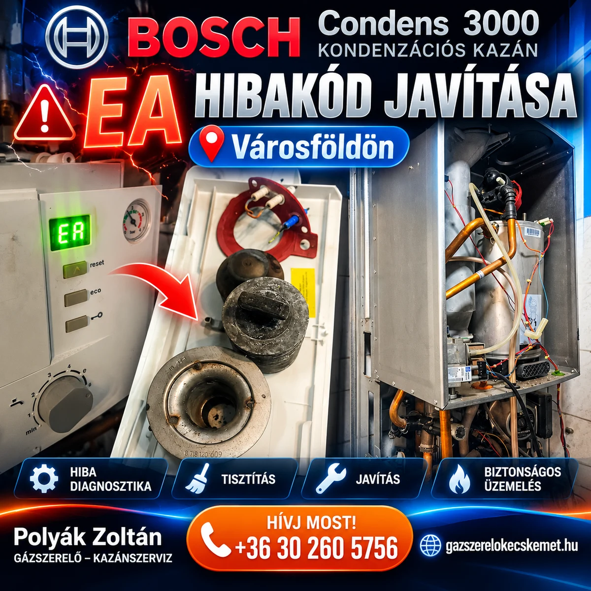 Bosch Condens 3000 EA hibakód javítása Városföldön – Polyák Zoltán Facebook-marketingképe