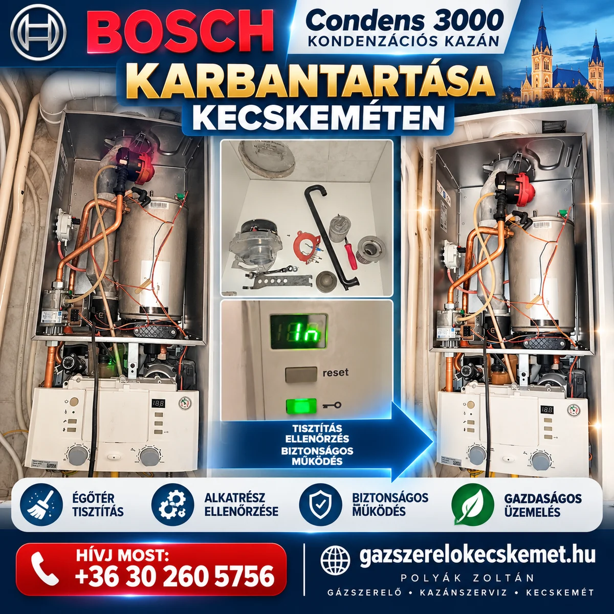 Bosch Condens 3000 karbantartás Kecskeméten – a felhasználó által feltöltött Facebook-marketinggrafika