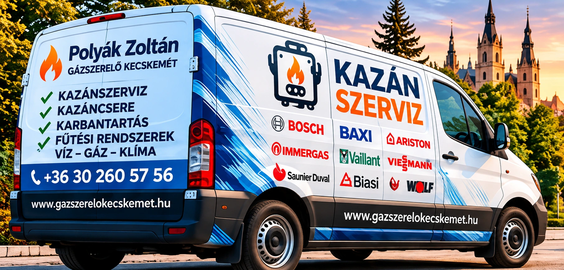 Polyák Zoltán fehér-kék Kazán Szerviz furgonja Kecskeméten